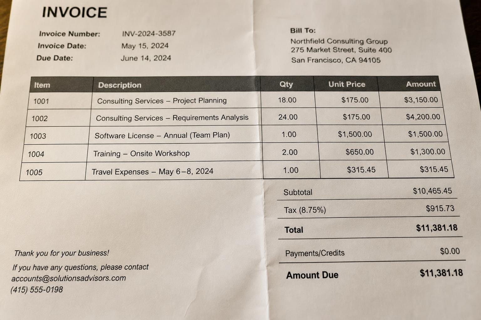 scanned invoice document table